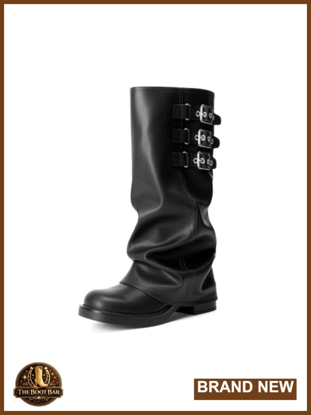 Faux Leather Knee High Moto Boots with Fold Over Shaft